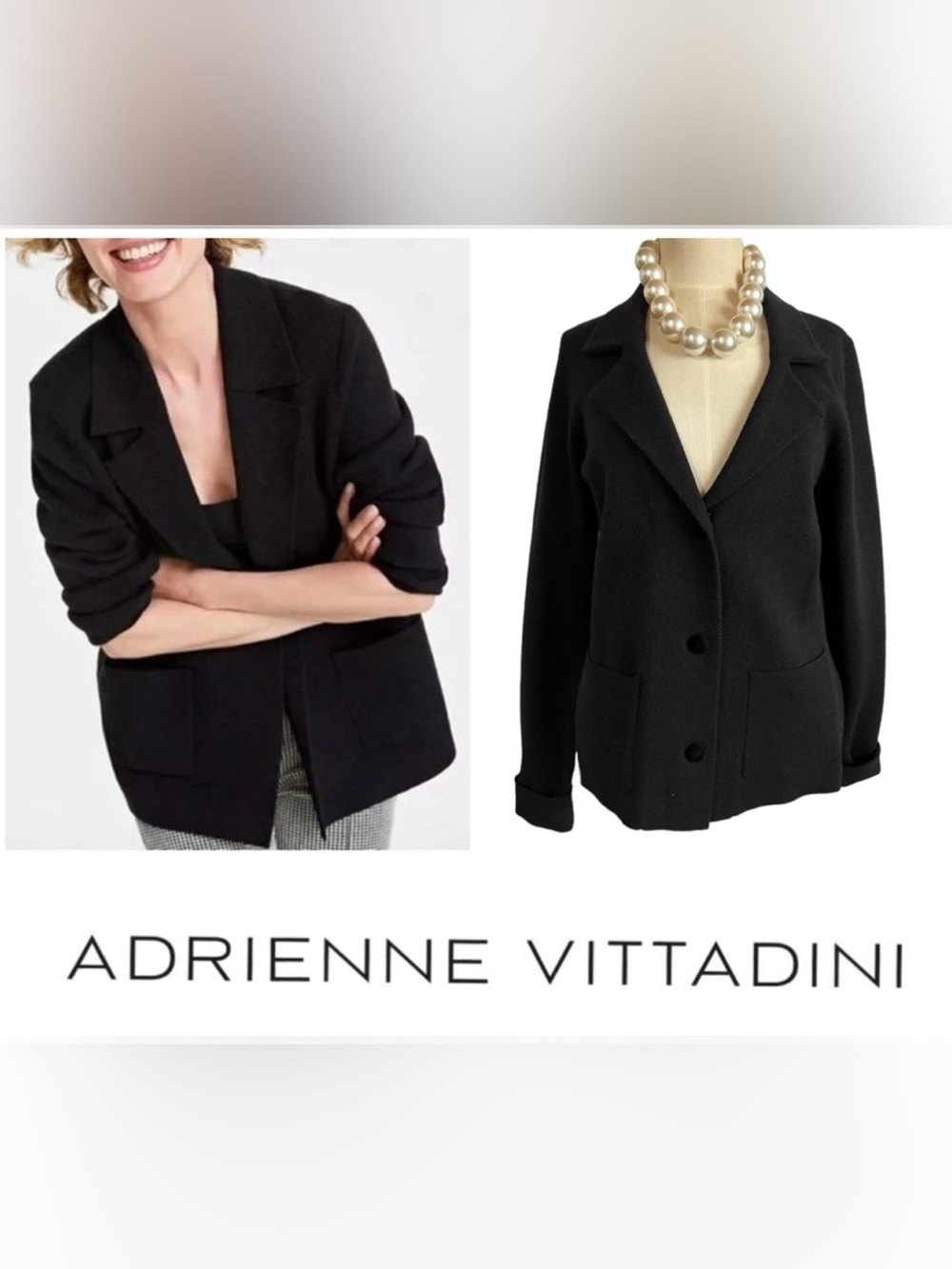 Adrienne Vittadini Black Sweater Blazer Front Pockets Velvet Buttons Size L
